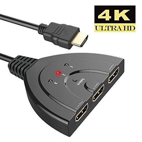 Wollgord 4K HDMI Pigtail Switch Splitter 3 in 1 out with High Speed Pigtail Cable 3 Ports Auto Switcher Hub to Expand Your HDMI Capacity,Supports 3D 1080P HD Audio for HDTV,Projector Computer,Monitors