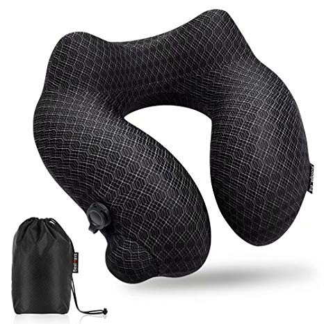 BestMaxs Travel Neck Pillow Soft Comfort Easy Hand-Press Inflatable Sleeping Pillow - Washable Cover - Neck Head Support Airplanes Foldable Bag (Black)