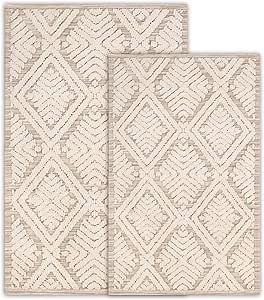 Superior Bath Rug Set, Small Area Rugs for Bathroom, Kitchen Decor, Machine Washable, Non-Slip Bathmat Rugs, High-Low Jacquard Mat, Geometric Accent Rug, Ceton Collection, Set of 2, Large, Beige