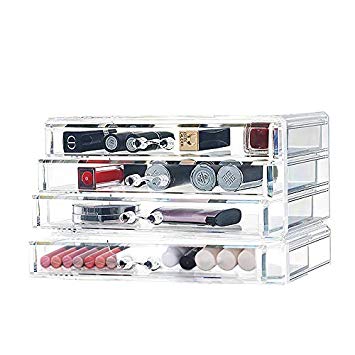Cozihoma 4 Tier Makeup Organizer Multi-Function Acrylic Carousel Makeup Drawer Organizer Cosmetic Storage Box Fits for Lots of Cosmetics Jewelry Watches Display Cube (Cosmetic)