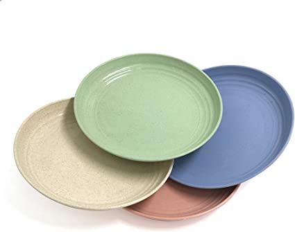 4 Pcs 7 Inch Lightweight Wheat Straw Plates, Unbreakable Dinner Plate, Toddler, Anti-fallen, Dishwasher Microwave Safe Plates (4 colors)