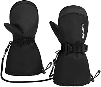 HIGHCAMP Kids Ski Mittens Waterproof Winter Snow Gloves with Strings & Strap on Long Cuff for Toddler Boys Girls