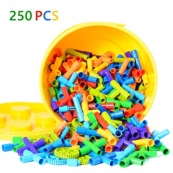 WishaLife Pipes Toy, Tube Locks Set, 250 Pcs Tubular Spout Construction Building Blocks Set Educational Building Toy with Wheels and Parts with Storage Box for Kids, Boys and Girls Gift