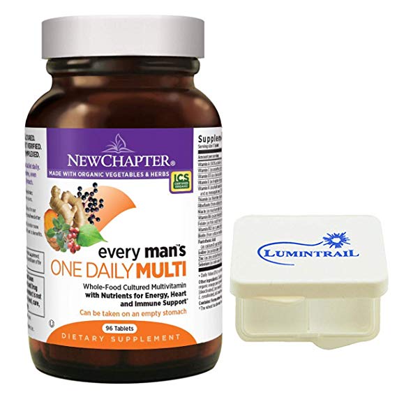 New Chapter Every Man's One Daily, Mens Multivitamin with Probiotics, Vitamin D3, Non-GMO - 96 Tablets Bundle with a Lumintrail Pill Case