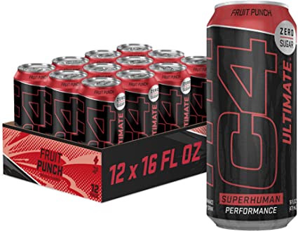 C4 Ultimate Sugar Free Energy Drink 16oz (Pack of 12) | Fruit Punch | Pre Workout Performance Drink with No Artificial Colors or Dyes