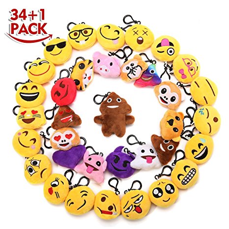 KINGSO 35 Pack 2.5'' Mini Emoji Plush Pillow Emoticon Keychain Decoration Kids Party Supplies Favors