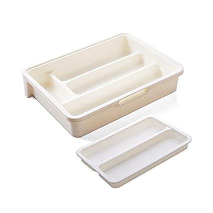 HornTide 3-in-1 Drawer Tray Expandable Utensil Storage Organizer Plastic Tableware Holder for Cutlery Receive and More - White