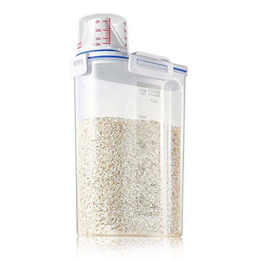 Rice Storage Containers - Brown Rice Box with Pour Spout   BPA Free Plastic   Measuring Cup   4 Locking Lid - Airtight Grain Container for Kitchen Storage Organization
