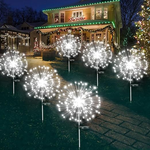 6-Pack Christmas Solar Garden Lights, 540 LED Solar Firework Lights Upgraded Solar Christmas Lights Outdoor Waterproof with 2 Lighting Modes for Garden, Patio, Yard, Christmas Decorations (Cool White)