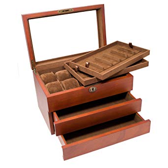 Caddy Bay Collection Solid Wood Watch Box with 2 Removable Watch Band Strap Tray, Holds 10  Watches, 12  Watch Bands, Glass Top, High Clearance, Vintage Brown