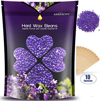 Wax Beans - Anreacho Hard Wax Beans, Natural Wax Beads Hair Removal Wax for Bikini Arms Legs Face Armpits Hair Removal Lavender with 10 spatulas 17.6 oz/1.1 lb