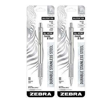 Zebra F-701 Stainless Steel Ballpoint Retractable Pen, Black Ink.8mm Fine Point, 2 Pack