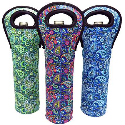 Neoprene Totes and Carriers For Wine Champagne Chardonnay Bottles (Paisley Pattern - 3 Pack)