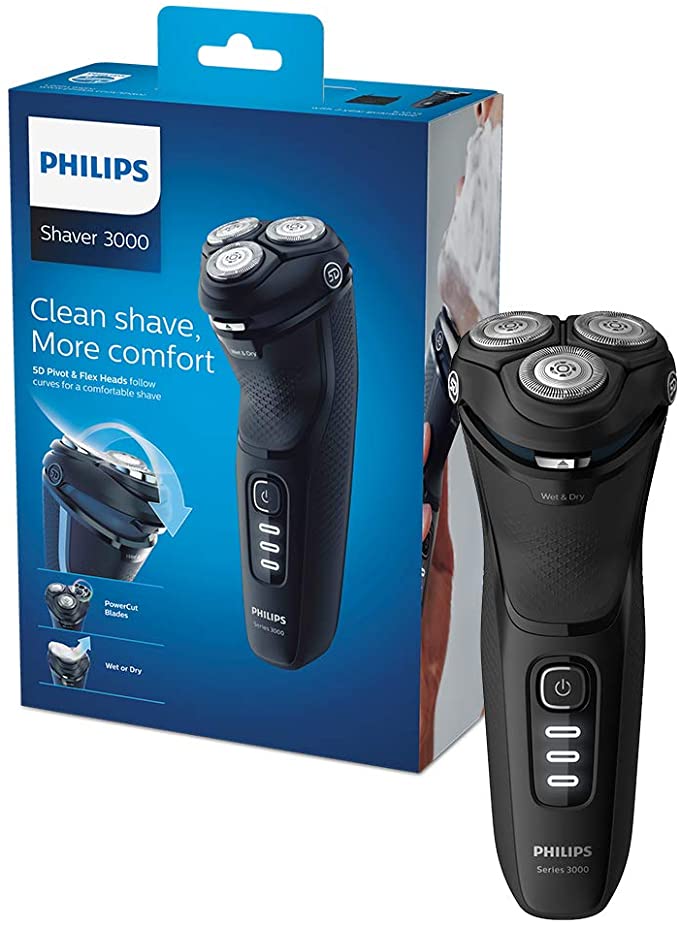Philips New Series 3000 Wet or Dry Men's Electric Shaver with A 5D Pivot & Powercut Blades, Shiny Black -S3233/52
