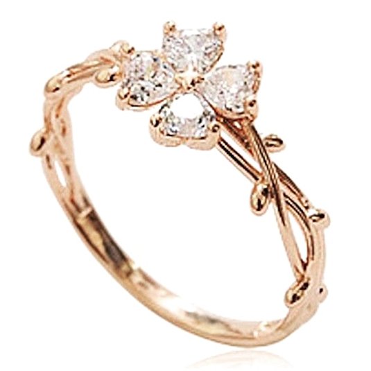 14K CZ Stones Clover on a Twisted Vine Ring - Rose Gold / White Gold Plated (Size 3-9)