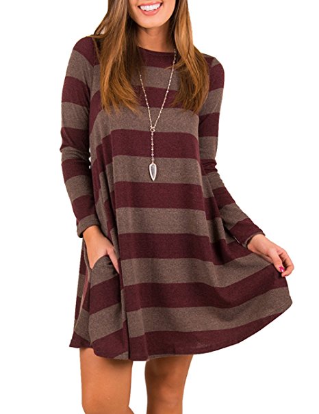 MEROKEETY Women's Crew Neck Striped Long Sleeve Swing Tunic Dress With Pockets