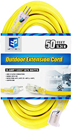 EP Outdoor Extension Cord SJTW 12/3 with Lighted End - 50 FEET, Heavy Duty, Yellow Jacket, 12 Gauge 3 Prong (50FT)
