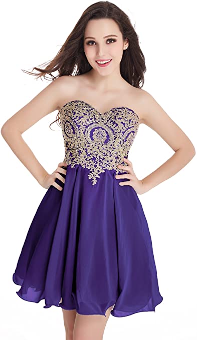 Babyonline Junior's Gold Lace Applique Short Quinceanera Homecoming Dresses