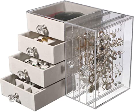 Cq acrylic Jewelry Box for Women with 4 Drawers, Hanging Velvet Jewelry Organizer for Earring Bangle Bracelet Necklace and Rings Storage Clear Acrylic Jewelry case,White