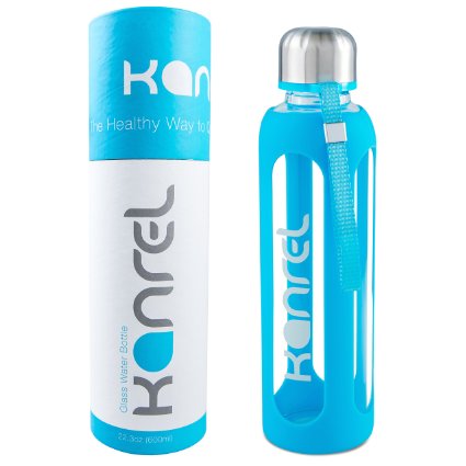 Kanrel Glass Water Bottle with Silicone Sleeve & Stainless Steel Lid (32 oz / 20 oz)