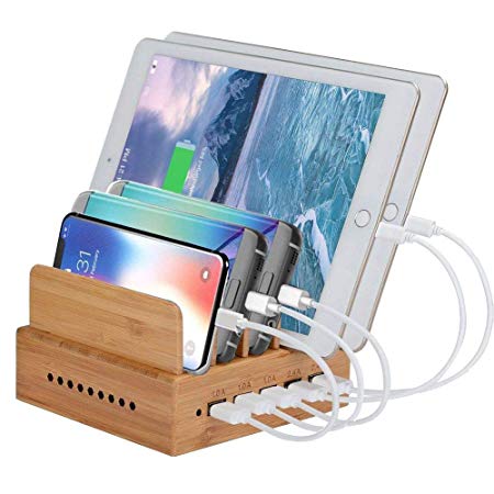 Yisen Wood Bamboo Multi Device Charging Station 5-Port USB Charger Dock for Apple iPhone Samsung Cellphone & Tablets