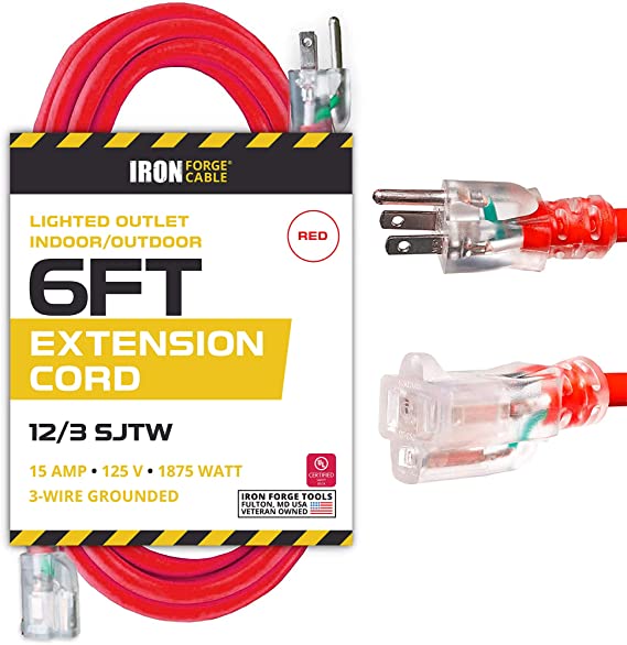 6 Ft Lighted Outdoor Extension Cord - 12/3 SJTW Heavy Duty Red Cable with 3 Prong Grounded Plug for Safety