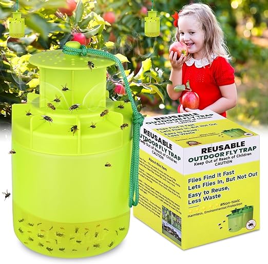 Fly Traps Outdoor Fly Trap Hanging, Reusable Fly Repellent Trap with Fly Bait, Odorless and Safe Fly Trap Fly Insect Catcher, Outdoor Fly Killer Deterrent for Pasture/Orchard/Garden/Camping (1 Pack)