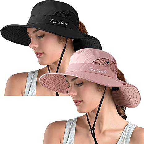 ZOORON 2 Pack Women's Ponytail Safari Sun Hat,Wide Brim UV Protection Outdoor Bucket Hat,Foldable Beach Summer Fishing Hat