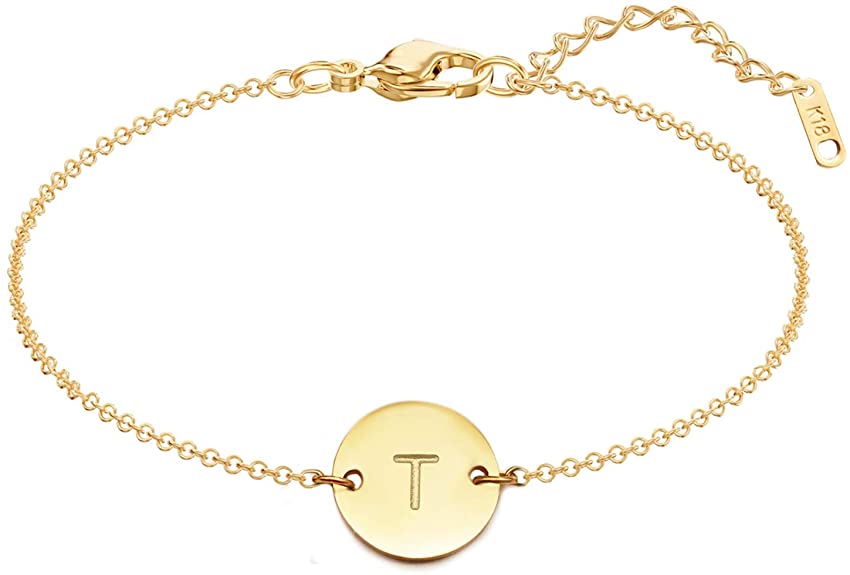 MOMOL Initial Charm Bracelets, 18K Gold Plated Stainless Steel Dainty Small Round Coin Disc Initial Bracelet Engraved Letters Personalized Name Bracelet for Girls