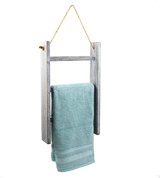 Daisy's House Farmhouse Bathroom Towel Ladder with Rope – Rustic Wall Mount Towel Rack with 3 Rungs Holds Bath Towels and Hand Towels – Reclaimed Barnwood with Distressed Gray Stain