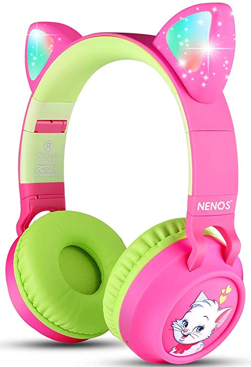 Nenos Bluetooth Kids Headphones Wireless Kids Headphones 93dB Limited Volume Wireless Headphones for Kids (Pink Cat Ear)