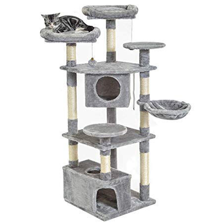 SUPERJARE Cat Tree Equipped with Spacious Perches & Plush Condos, Multi-Level Kitten Activity Tower with Scratching Posts & Basket Lounger - Gray