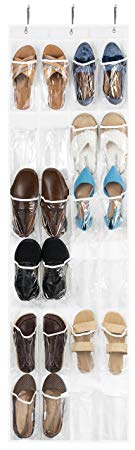 Zober Over the Door Shoe Organizer - 24 Breathable Pockets, Hanging Shoe Holder for Maximizing Shoe Storage, Accessories, Toiletries, Laundry Items. 64in x 18in (Clear)