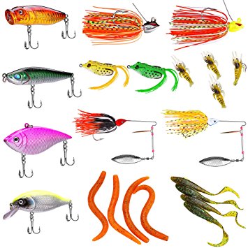 Fishing Lures Baits Tackle, BEST BASS Fishing Lures Including Crankbaits, Spinnerbaits, Plastic worms, Jigs, Topwater Lures , Tackle Box and More Fishing Gear Lures Kit Set … … …