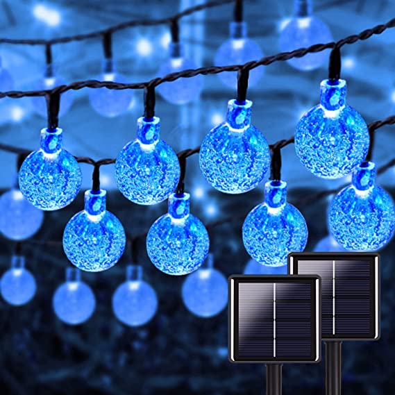 Blue 2-Pack 46FT 160 LED Crystal Globe Solar String Lights, Waterproof Solar Lights Outdoor Decorative with 8 Lighting Modes, Solar Powered Patio Lights for Garden Xmas Party Decor (Blue)