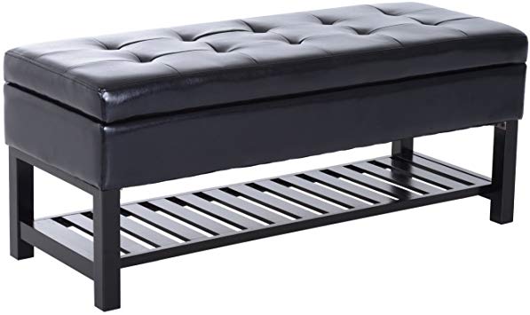 HOMCOM 44" Tufted Faux Leather Ottoman Storage Bench with Shoe Rack - Black