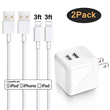 iPhone Wall Charger, Sundix Dual Port Wall Charger Power Adapter with 2 Pack 3FT iPhone Charger Charging Cord Compatible with iPhone X 8 8Plus 7 7Plus SE 6sPlus 6s 6 5s, iPad and More (white)