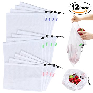 Reusable Produce Grocery Bags 12 Packs - Large, Medium & Small, ECO-Friendly Mesh Bags with Soft Pastel Color-Coded Tags, Lightweight, See-Through, Washable for Shopping & Storage