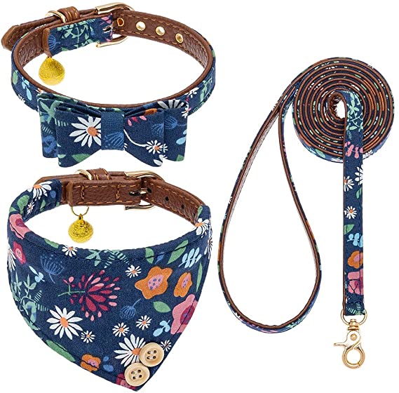 EXPAWLORER Bow Tie Dog Collar and Leash Set Classic Plaid Adjustable Dogs Bandana and Collars with Bell for Puppy Cats 3 PCS