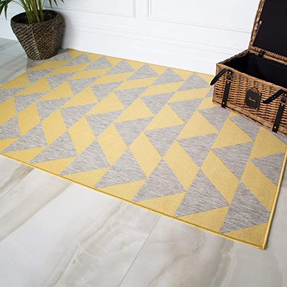 Habitat Yellow Ochre Grey Geometric Modern Weather Resistant Durable Washable Indoor Outdoor Living Rug