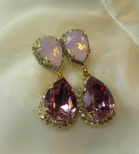 Pink Opal and Antique Pink Swarovski Crystal Element Earrings 14k Gold Plated