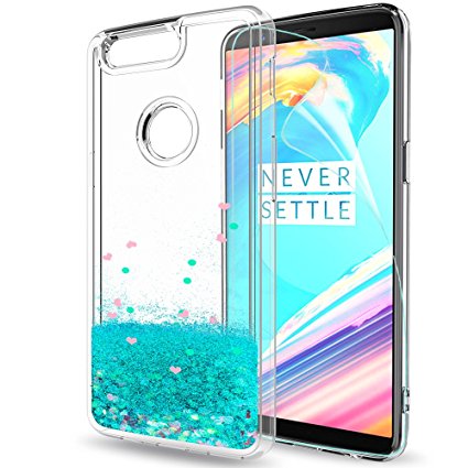 OnePlus 5T Glitter Case with HD Screen Protector for Girls Women,LeYi Cute Design Shiny Bling Moving Quicksand Clear TPU Protective Phone Case Cover for OnePlus 5T ZX Turquoise