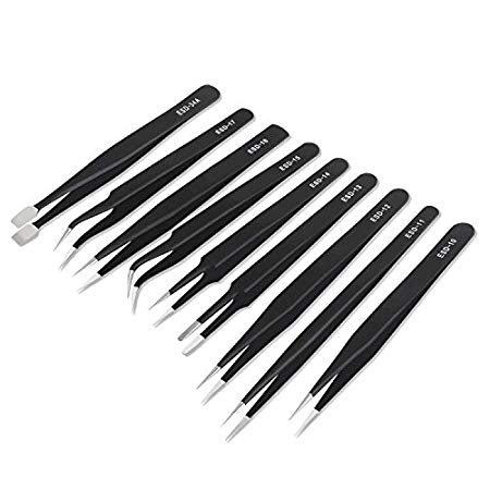 ESD Tweezers Tools Set, 9-piece Non-magnetic Precision Anti-static ESD Stainless Steel Tweezers for Electronics, Lab, Jewelry-making, Laboratory Work, Hobbies