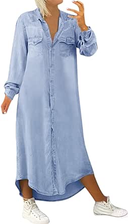 Loose Women Dress Denim Dress Long Long Pocket Casual Neck Solid Sleeve V Button Women's Elegant