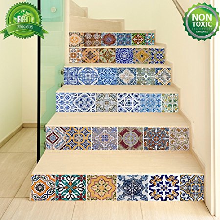 Backsplash Tile Stickers, DIY Tile Decals Mexican Traditional Talavera Waterproof Peel and Stick Home Decor StairCase Decal Stair Mural Decals for Marble Bathroom Kitchen 18x100cmx6 PCS