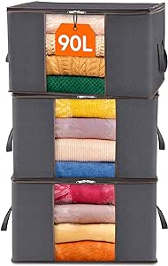 Lifewit Lot de 3 Sac de Rangement Vetement 90L, Grand Boite Rangement Caisse Rangement Cartons Déménagement pliable Housse Rangement Couette pour Couvertures Jouets Vêtements, Gris