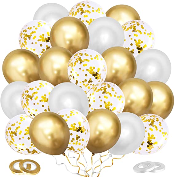 onehous Gold White Balloon Set, 60pcs 12 Inches Latex Balloons Confetti Balloons & Ribbons for Birthday, Weddings, Baby Shower Party, Festival Decorations, Engagement Decorations