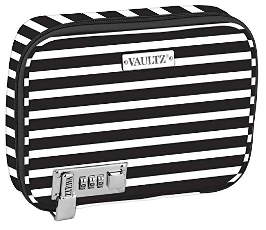 Vaultz Locking Everyday Case for Cosmetics Storage, Black and White Stripe (VZ03756)