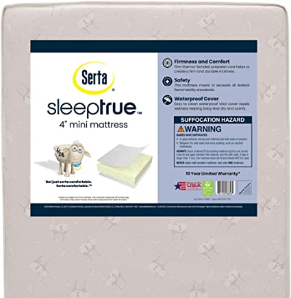 Serta SleepTrue 4-Inch Mini Crib Mattress – Waterproof – GREENGUARD Gold Certified – 10 Year Warranty – Made in The USA