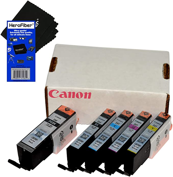 Canon PGI-280 Pigment Black Ink Tank   Canon CLI-281 Black, Cyan, Magenta and Yellow Ink Tank (Total 5 Ink Tanks, Bulk Packaging)   HeroFiber Ultra Gentle Cleaning Cloth for Canon Printer